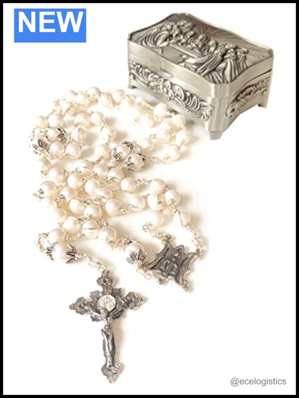 Handmade Sterling Silver White Pearl Rosary Necklace Cross Crucifix 24"